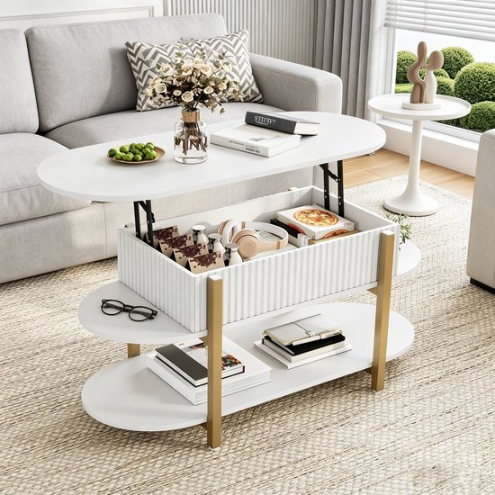 Ovaal Salontafel met Hefmechanisme en Opbergruimte, Moderne Koffietafel met Open Planken, Salontafel Afgerond voor Woonkamer en Kantoor, 106 x 45 x 50 cm, Wit
