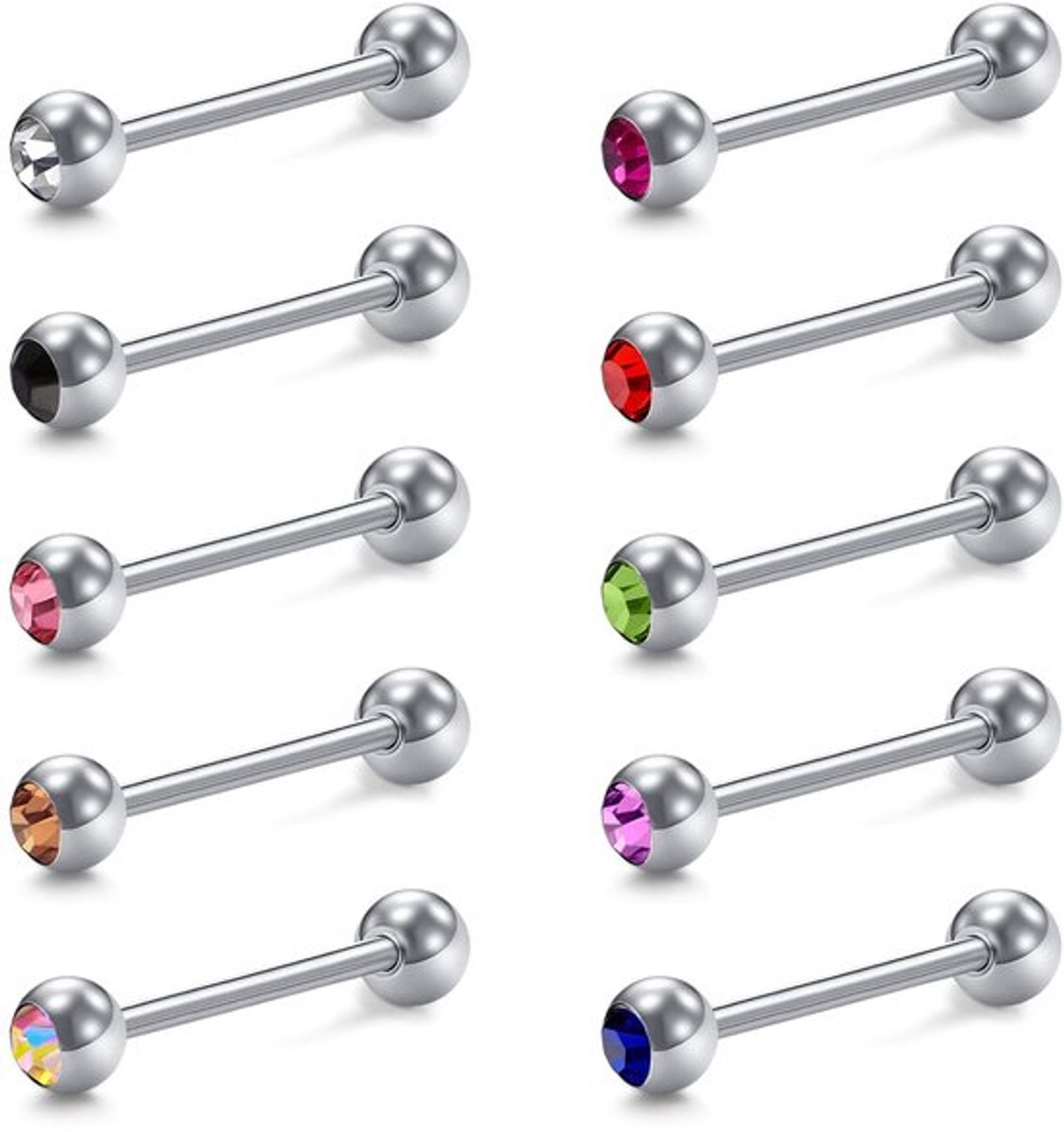 Zeynomax - Tongpiercings van Chirurgisch Staal - 10 Stuks - Kristal - 14G 12-18 mm