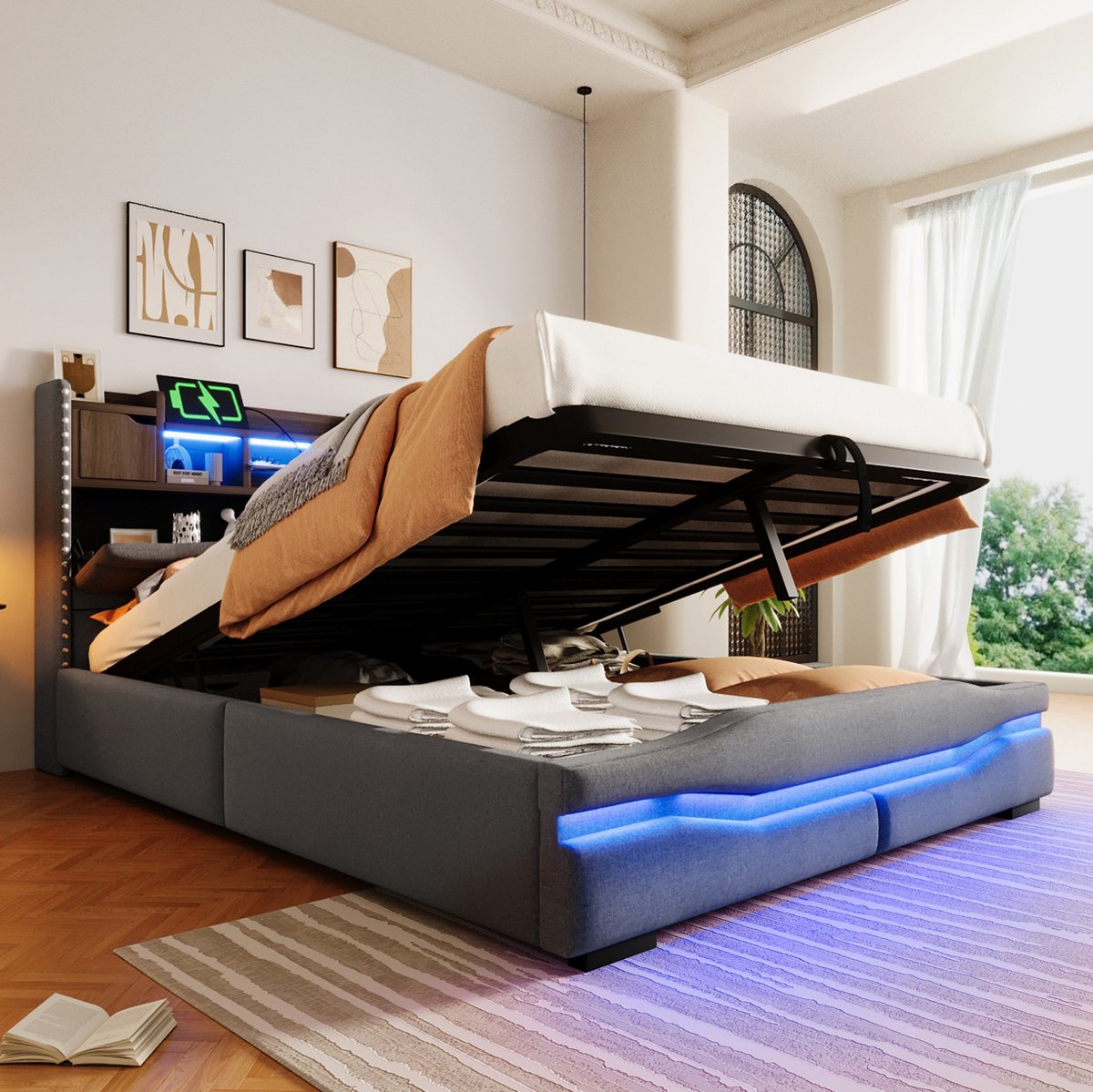 MEUNIQ gestoffeerd bed 140x200 cm met hydraulische opbergruimte, LED-verlichting, USB-C, USB en stopcontact, hoofdbord met opbergvak, zonder matras, grijs