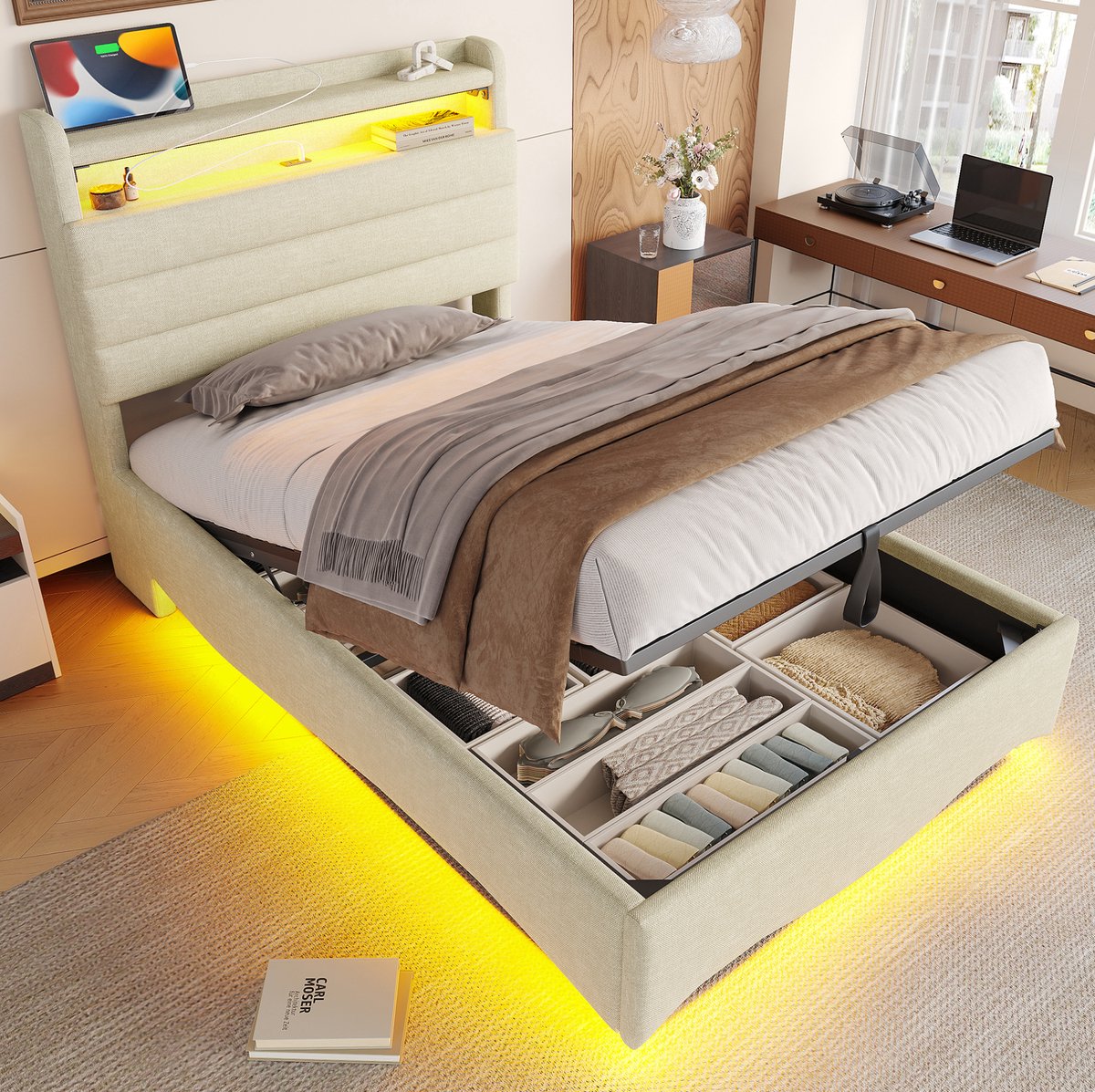 MEUNIQ gestoffeerd bed 90 x 200 cm met LED-verlichting, hydraulische opbergruimte, USB en Type-C, plank in hoofdbord, eenpersoons bedframe beige