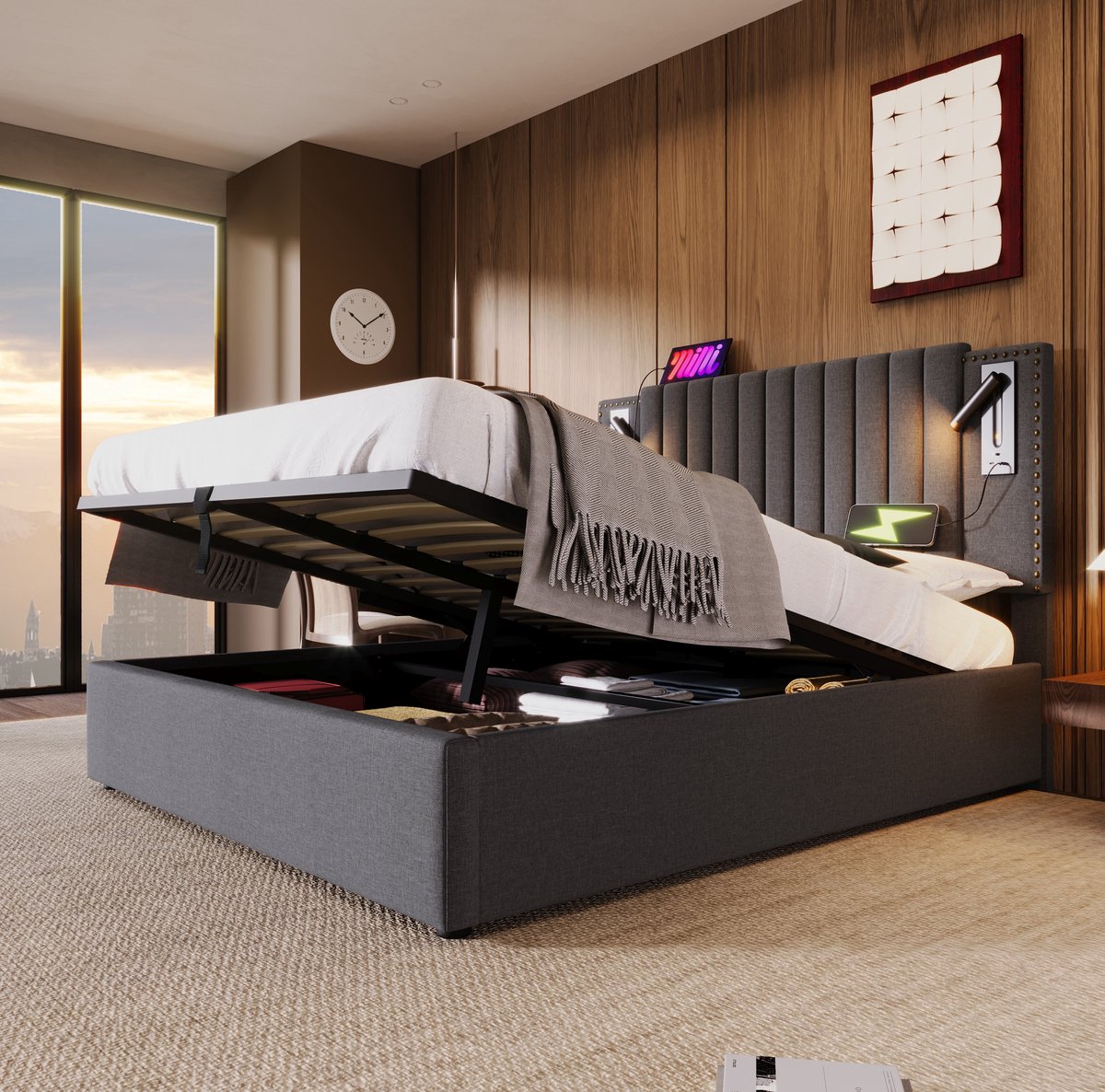 MEUNIQ tweepersoons bed 140x200 met opbergruimte, lattenbodem, verstelbaar hoofdbord, lees