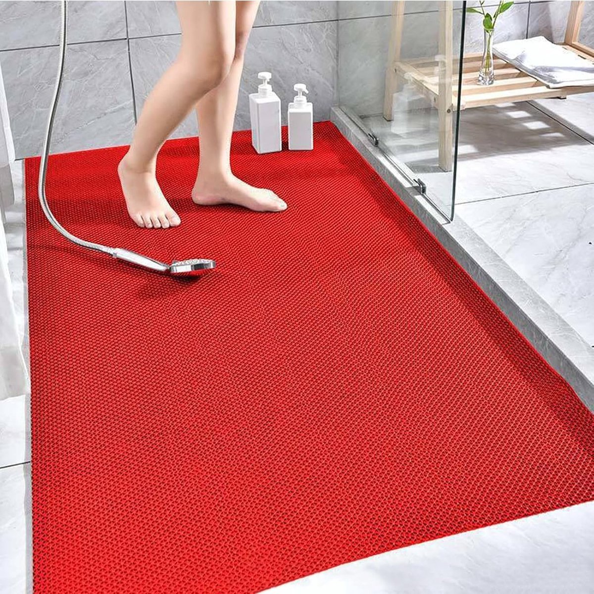Douchemat Antislip - Badmat PVC - Veilig Douchen - Antischimmel Sneldrogend - 90 x 100 cm - Rood