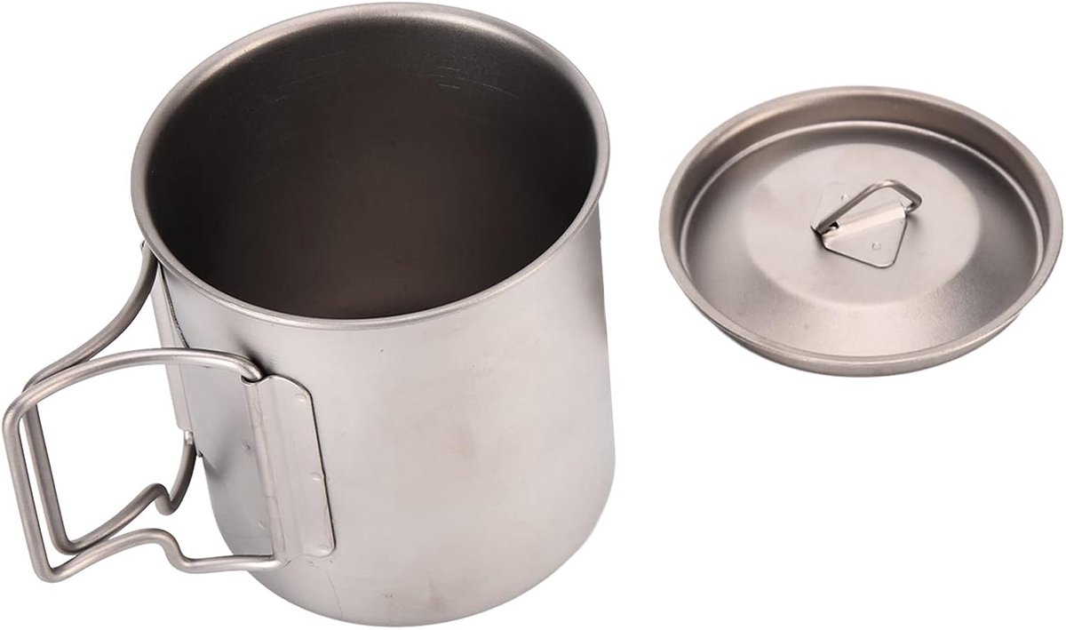 Kampeerbeker met deksel - Opvouwbare mok - Koken en drinken - Hittebestendig titanium - 420 ml - Zilver