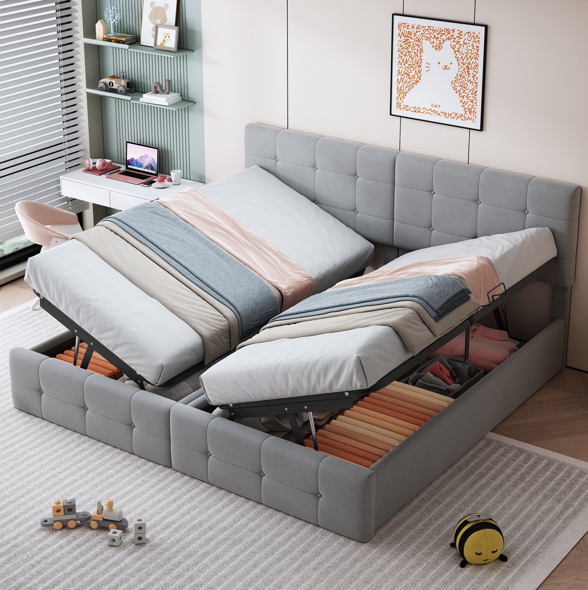 MEUNIQ gestoffeerd opbergbed 180x200 cm met hydraulische opbergruimte, verstelbaar hoofdbord en lattenbodem, deelbaar in 2 bedden voor slaapkamer, grijs