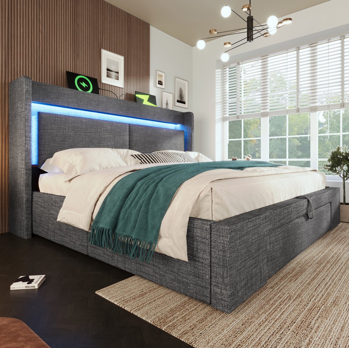 MEUNIQ gestoffeerd bed 160x200 cm met hydraulische opbergruimte, opbergvak in hoofdbord, LED, USB en USB-C, lattenbodem, tweepersoonsbed grijs