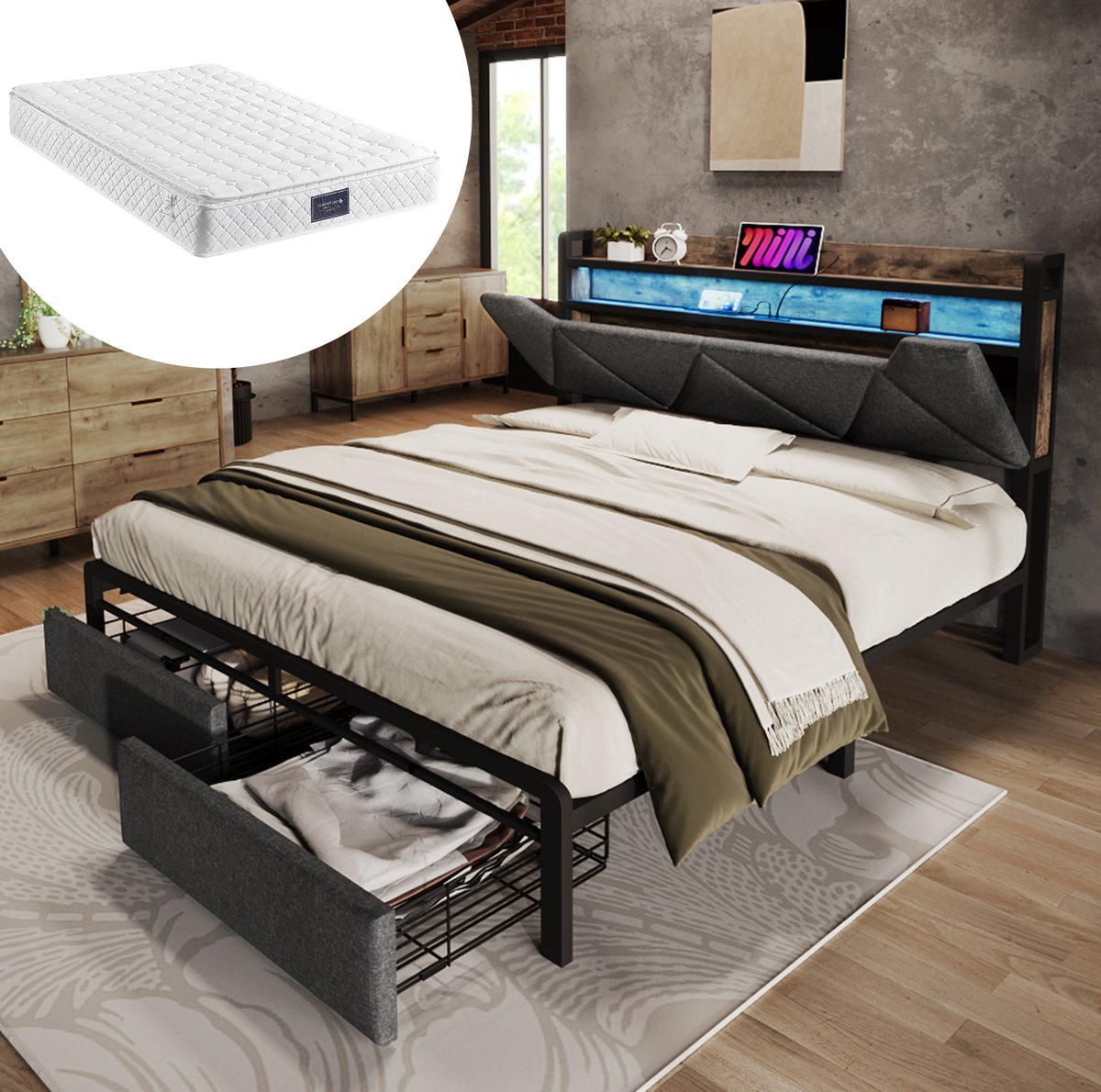 MEUNIQ tweepersoons bed 140x200 met opbergend hoofdbord, 2 lades, LED-verlichting, USB en Type-C, metalen lattenbodem, bedframe voor slaapkamer, grijs