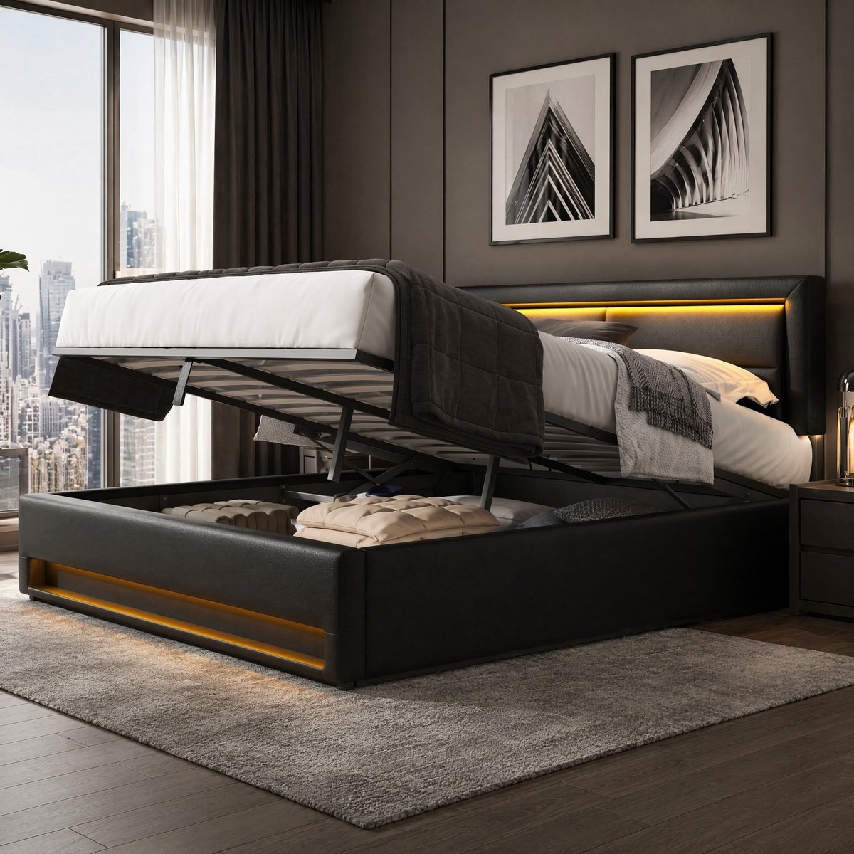 MEUNIQ Polsterbed 140 x 200 cm met opbergruimte, LED-verlichting, USB-aansluiting voor draadloos en bedraad opladen, lattenbodem, zwart