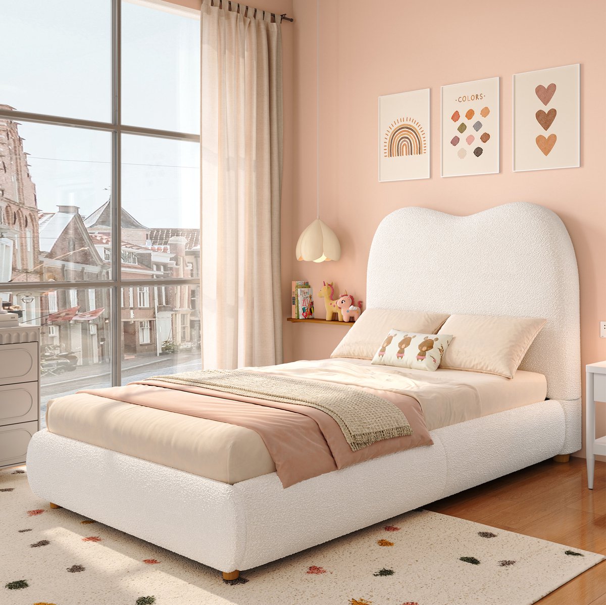 MEUNIQ Kinderbed 90 x 200 cm met lattenbodem, hydraulische opbergruimte en gestoffeerd hoofdbord, bouclé bedframe voor kinderkamer, beige