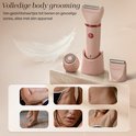 Roze ladyshave op een standaard met diverse opzetstukken, met afbeeldingen van lichaamsdelen.
