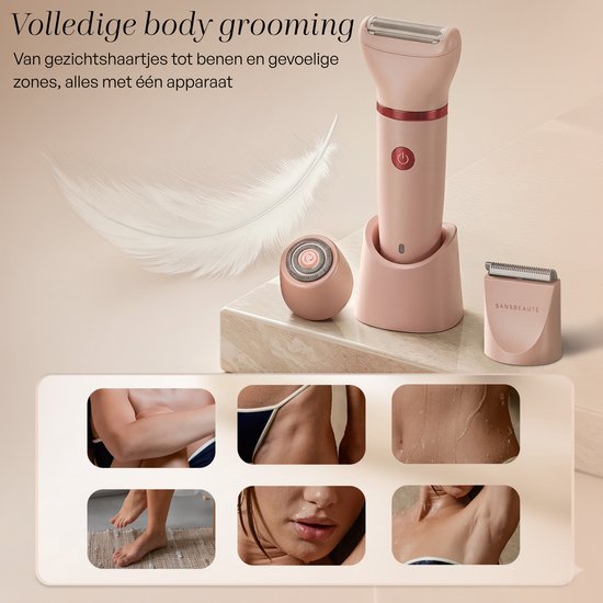 Roze ladyshave op een standaard met diverse opzetstukken, met afbeeldingen van lichaamsdelen.