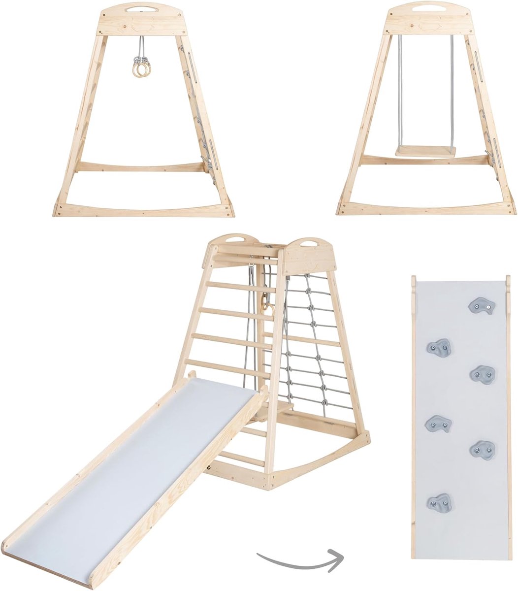 Montessori Speeltoren - Klimtoren Speeltoestel - Actief Spelen - 2-in-1 Glij- en Klimplank - H 1285 cm - Natuurlijk