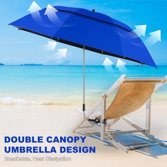 ModernStore Set van 2 strandparasols met klem, UPF 50+, 360° verstelbaar, voor strandstoel, campingstoel en rolstoel - Dubbellaagse overkapping, Blauw — afbeelding 3