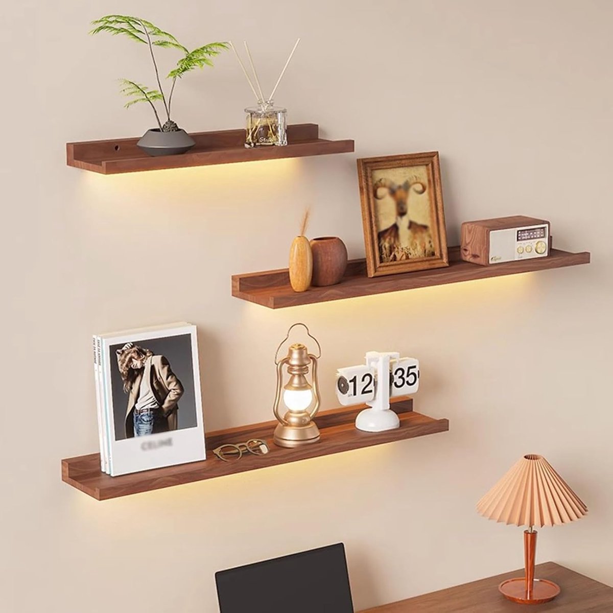 Drijvende Wandplank - Houten Plank - Woondecoratie - Met LED Verlichting - 120 cm - Walnoot
