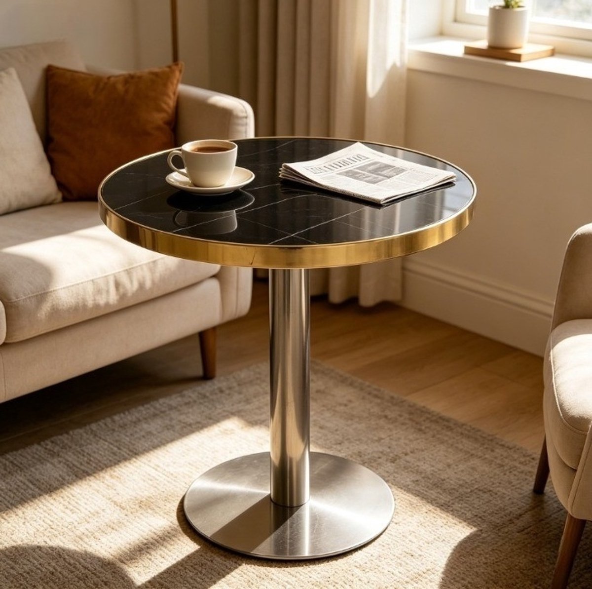 HAUSS SPOLE Bijzettafel - Ronde Marmerlook Met Uv-Coating En Goudkleurig Rvs Onderstel - Voor Woonkamer Of Slaapkamer - MDF - Zwart - 60x60x73,7 Cm