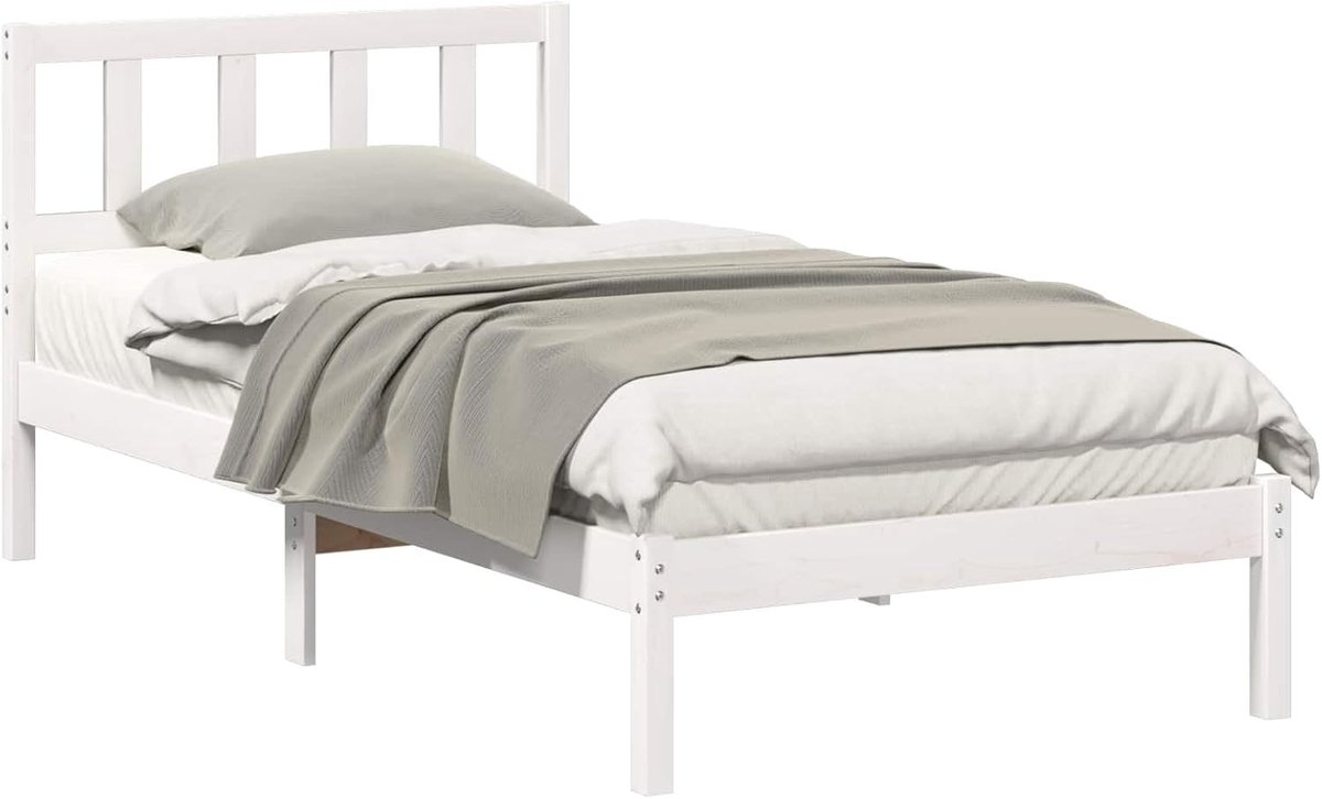 Bedframe met hoofdeinde - Houten bedombouw - Slaapkamer inrichten - Massief grenenhout constructie - 90 x 200 cm - Wit