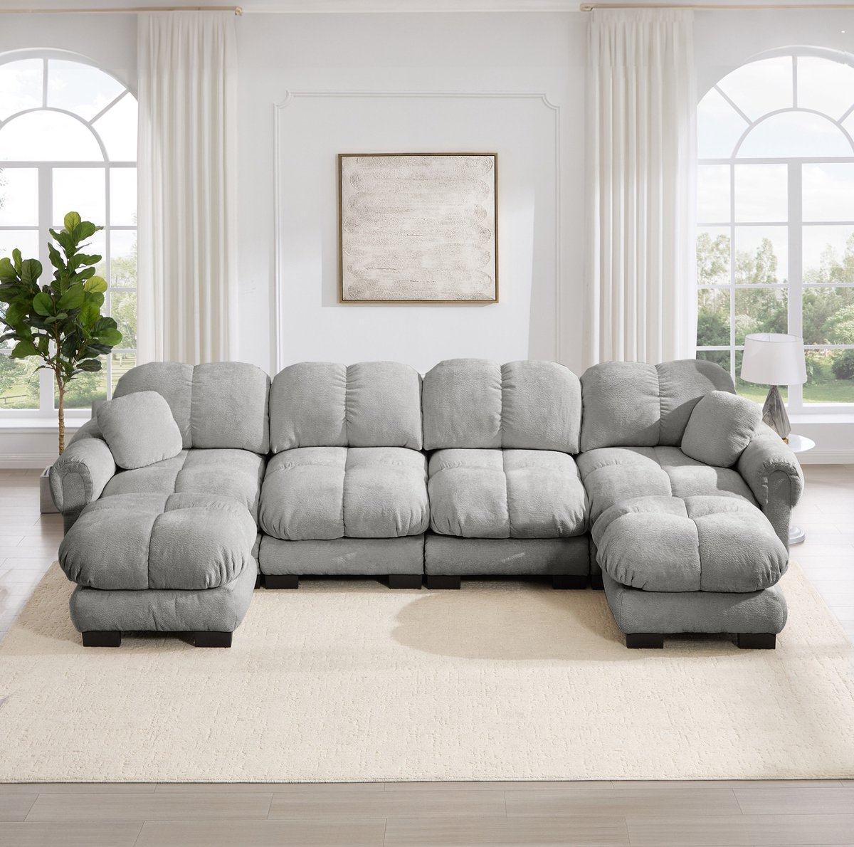 OKWISH U-Bank 330 x 149 cm - Modulaire 4-Zits Bank Met 2 Verplaatsbare Ottomanen En Steppatroon - Woonkamer - Chenille - Lichtgrijs