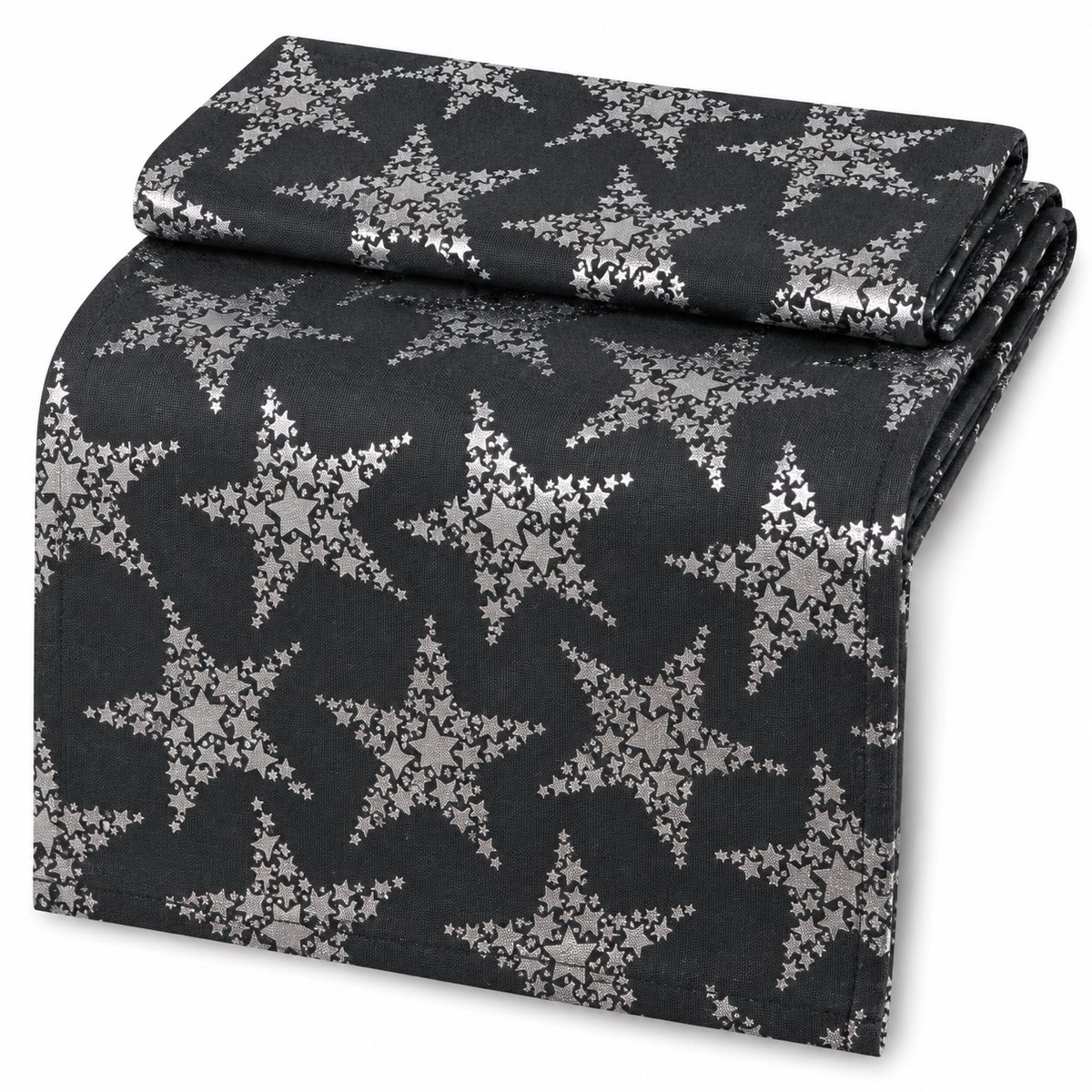 Kerst Tafelloper Stars – 42 x 150 cm – Donkergrijs - Zilver – Geweven Tafelloper met Metallic Sterrenprint – Kerstdecoratie voor Eettafel