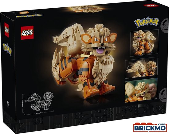 Achterkant van de LEGO Arcanine display box, met illustraties en afmetingen.
