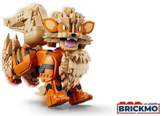 Gele LEGO Arcanine figuur met oranje strepen op de poten, staand.