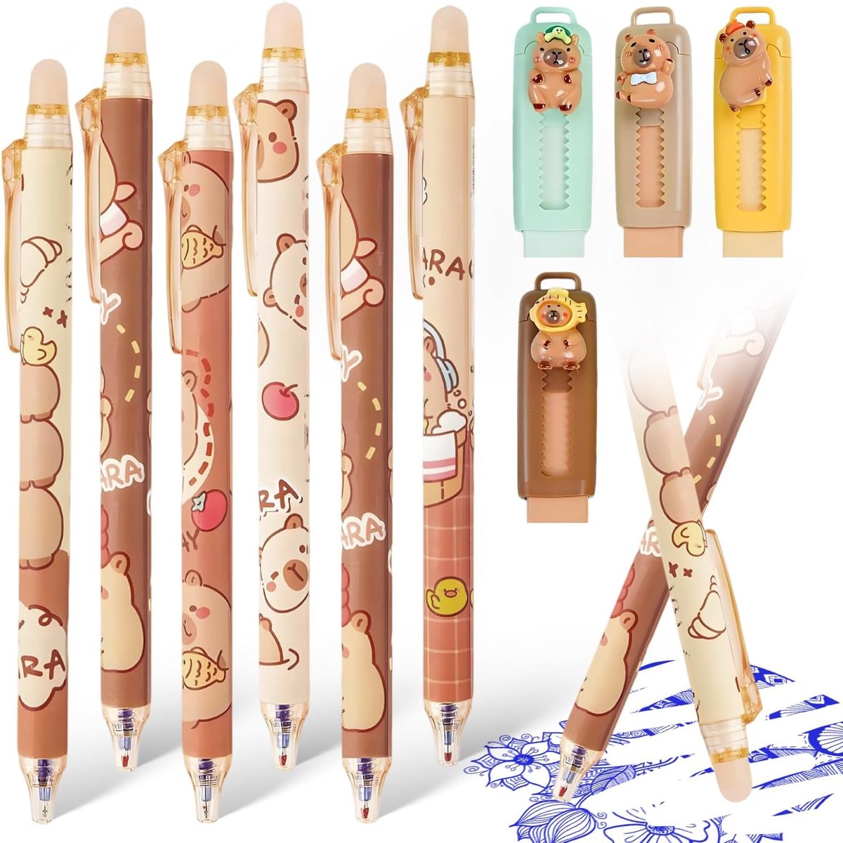 SnelShoppen - Capybara Set van 4 Uittrekbare Lijmpistolen en 6 Uitwisbare 0.5mm Balpennen, Schrijfbenodigdheden voor School, Kantoor en Feestjes, Scha