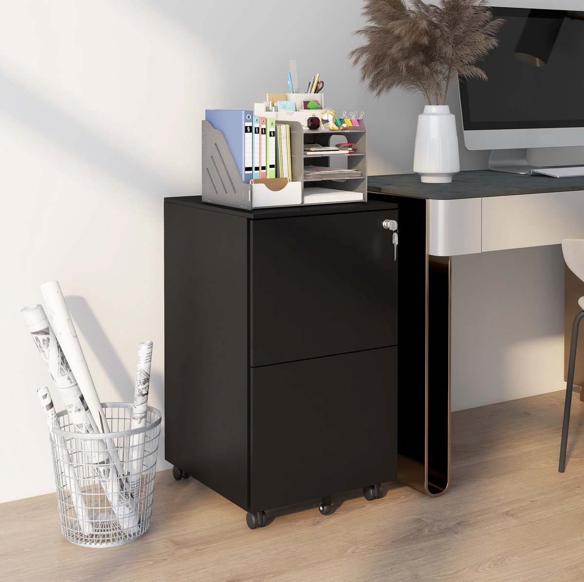 COVREO Archiefkast 37x43,5x67,5 cm zwart, van staal met 2 lades