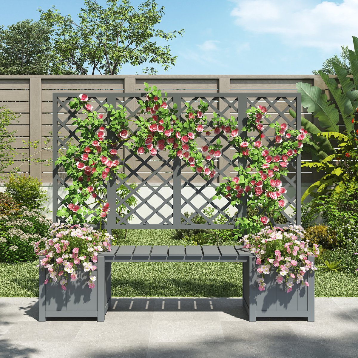 DESMIU Plantenbak Met Spalier En Zitvlak - 169 X 145 X 42 Cm - Massief Vurenhout - Grijs - Voor Klimplanten En Buiten