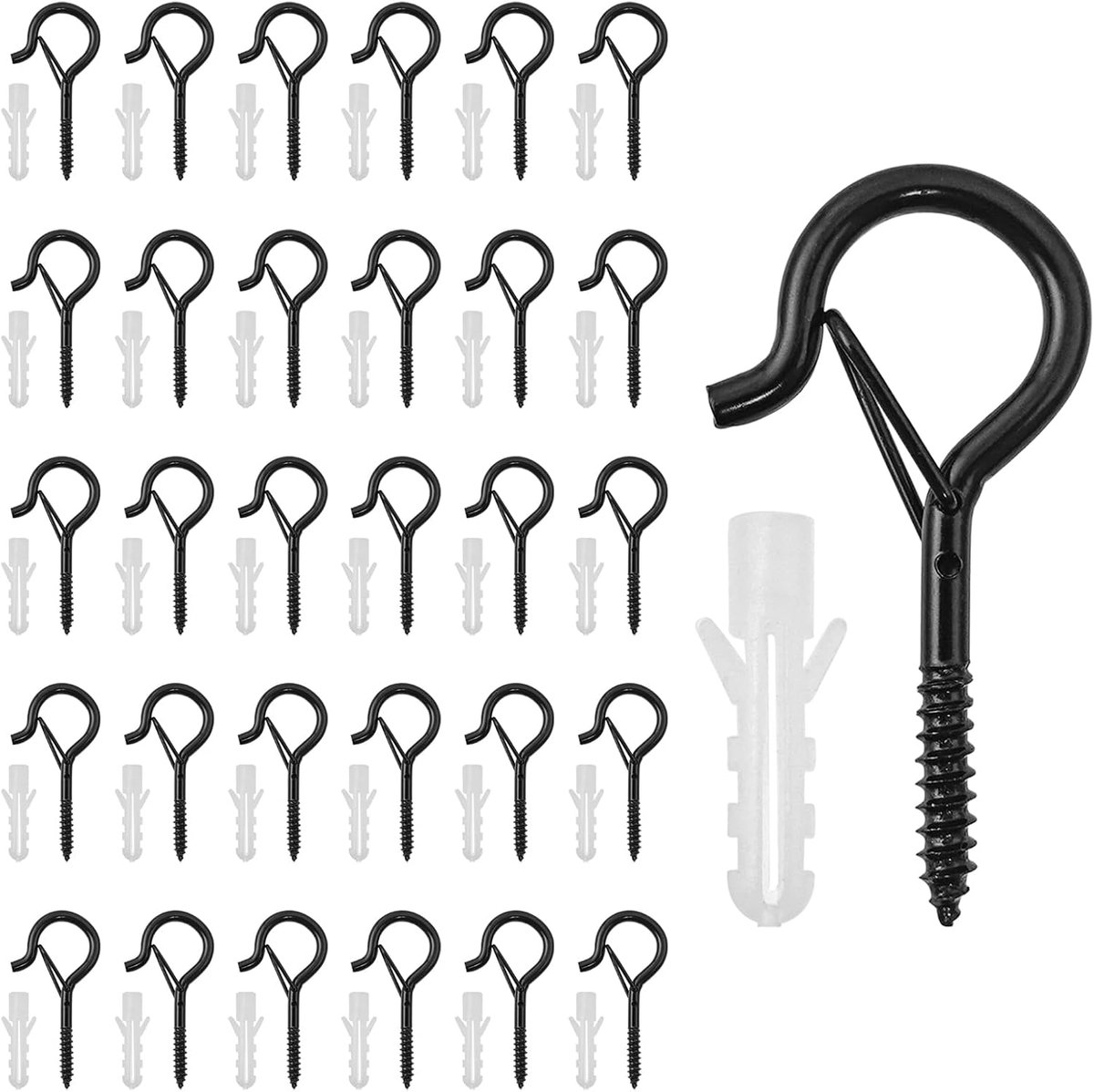 30pcs M4 Carbon Steel Screw Hooks with Safety Clips, Black Metal Ceiling Hooks, Outdoor Garden Hook for Hanging - ShopVlot