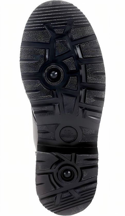 Semelle noire de botte avec profil et logo de marque.