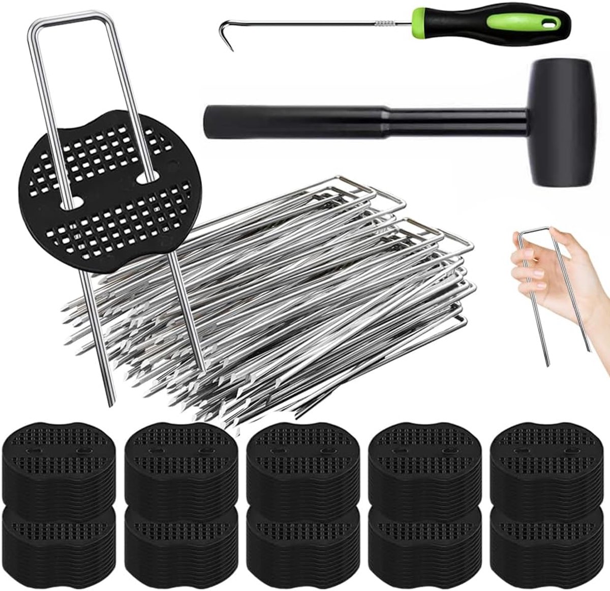 SnelShoppen - Weed Cloth Hooks 100pcs + 100pcs Wasringen, Onkruiddoek Grondspikes, Roestvrij, Gegalvaniseerde Grondankers voor Tuinen, Kunstgras, Mulc