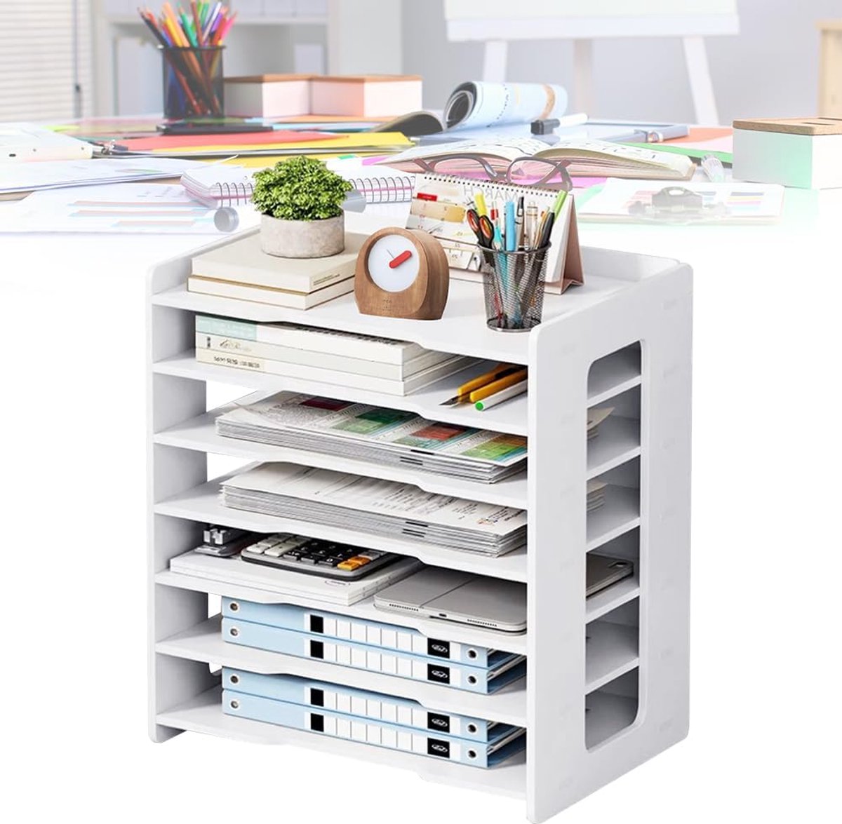 SnelShoppen - Letterbak A4 Bureau Organiser 7 Vakken Wit - Documenthouder voor Papier, Brieven, Pennen en Boeken - Duurzaam PVC - Perfect voor Kantoor