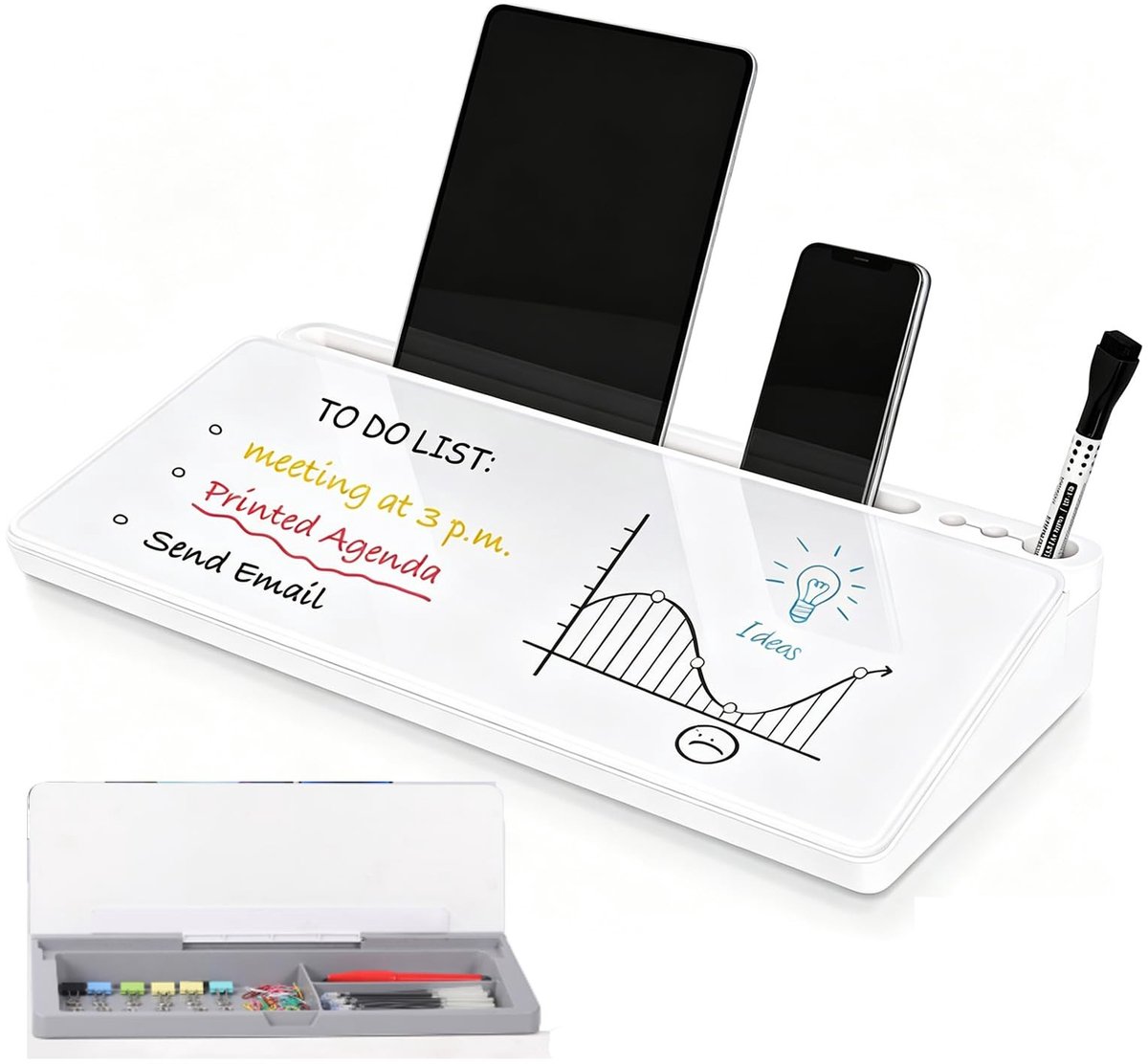 Omgoods - Bureau Whiteboard van Glas met Opbergruimte en 2 Markers