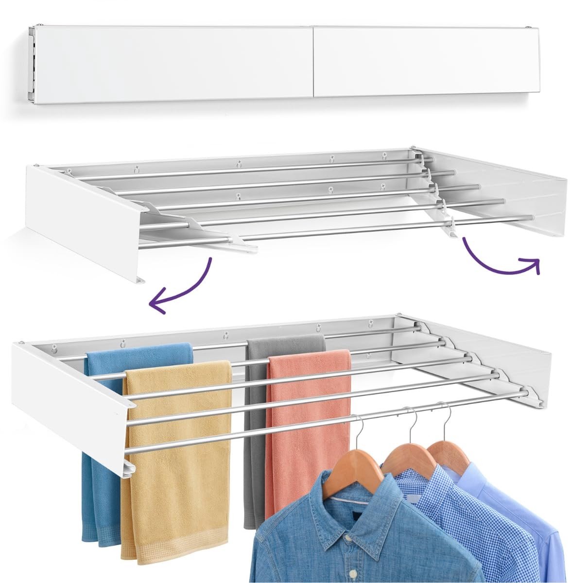 Omgoods - Uittrekbaar Wanddroogrek 120 cm, Roestvrij en Opvouwbaar