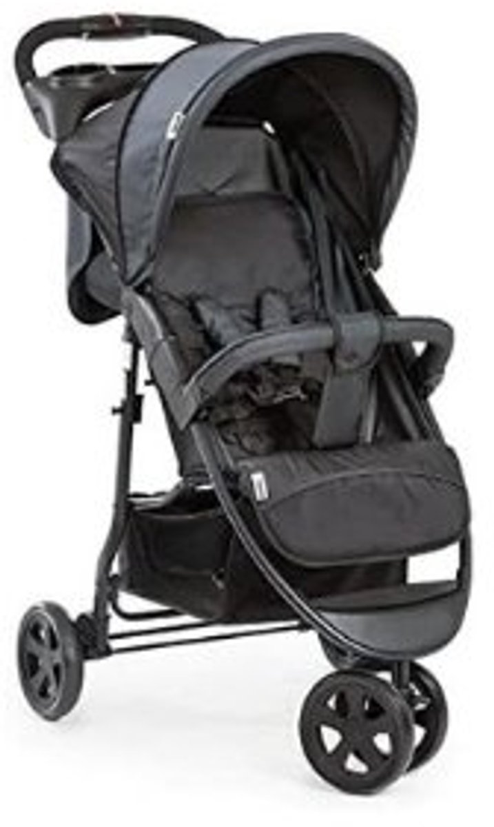 Kinderwagen met drie wielen, opvouwbaar met één hand, tot 25 kg, ligpositie, bekerhouder, grote mand, grijs.