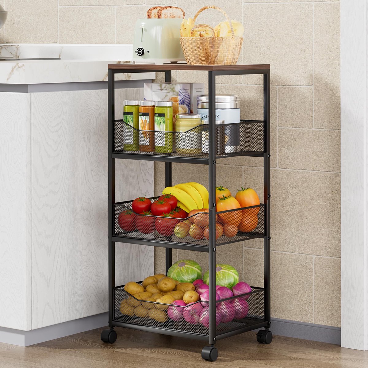 Omgoods - 4-Laags Rolling Keukenopberger met Wielen, Ideaal voor Fruit en Groenten