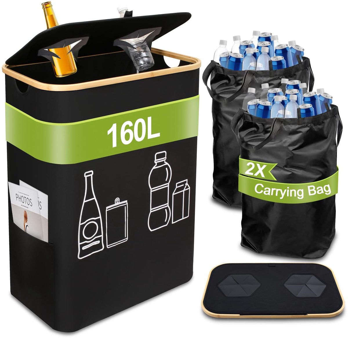 Omgoods- Flessenverzamelaar 160 liter - Organizer voor keuken - Houder met deksel - Opvouwbaar - Afneembare draagtassen - Ruimtebesparend - Afvalbak