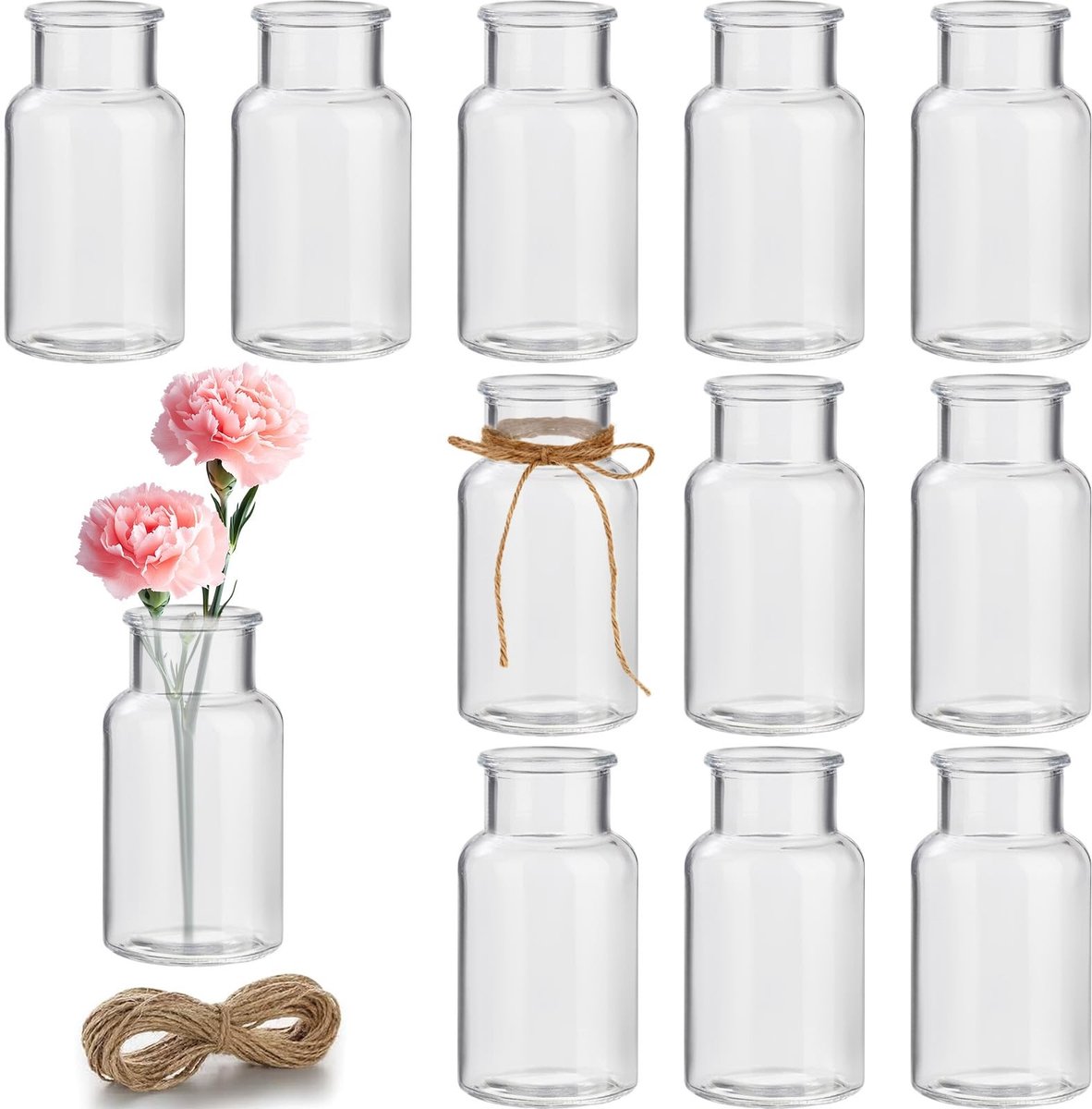 Omgoods - Set van 12 Mini Glazen Vazen met Jute Touw voor Decoratie