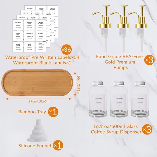 Omgoods- Siroopdispenser set van 3 - Glazen siroopfles 500 ml - Gouden pomp - Siliconen trechter - Waterdichte etiketten - Keukenaccessoires van voedselkwaliteit — afbeelding 5