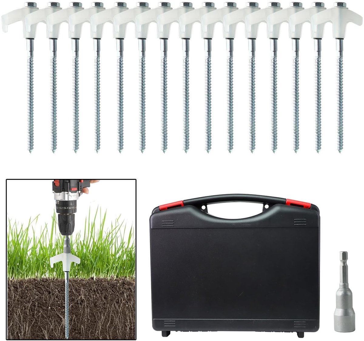 Omgoods - 15 Stuks Heavy Duty Tent Pegs met Hex Driver en Opbergdoos