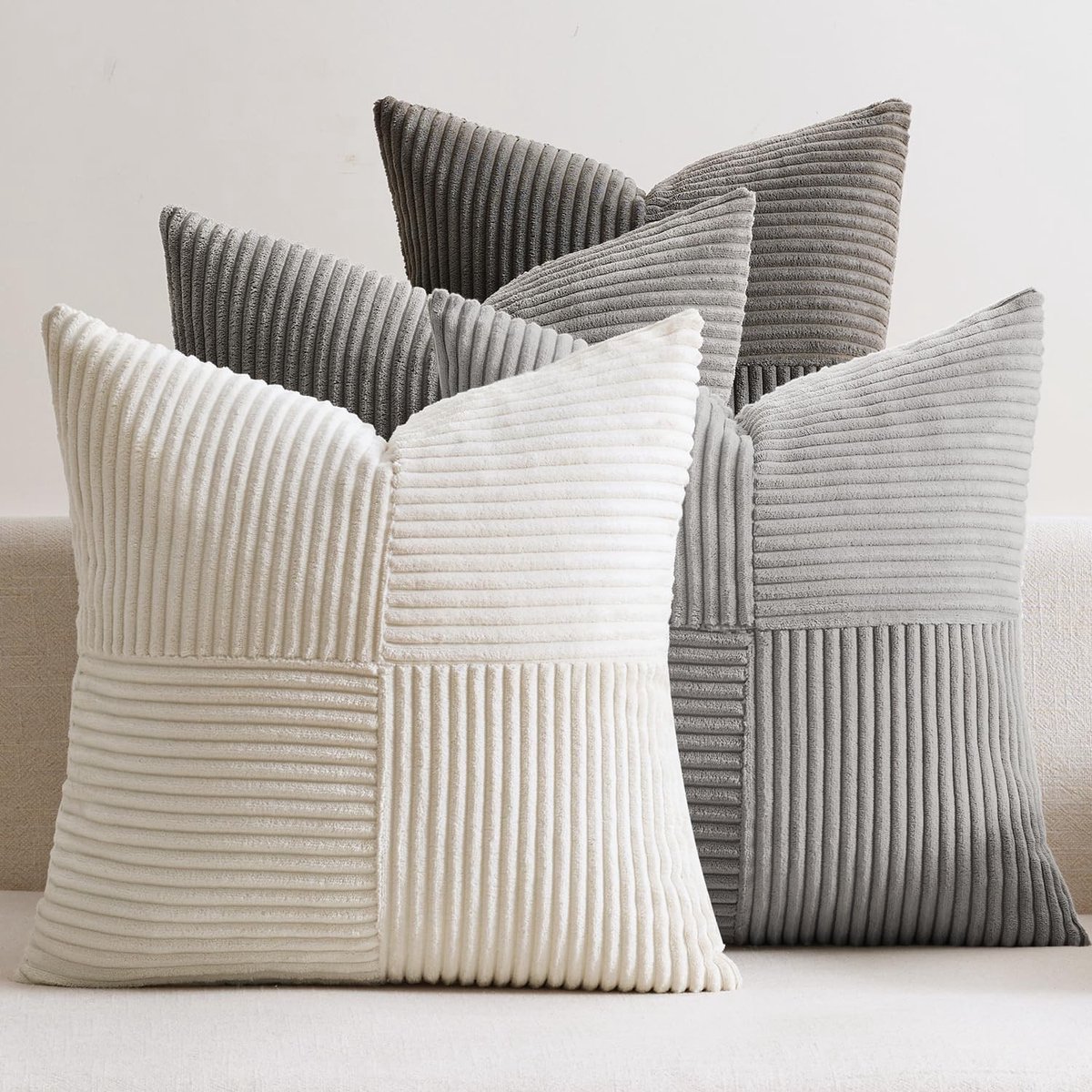 Omgoods - Set van 4 Corduroy Patchwork Sierkussenhoezen 50x50 cm - Grijs