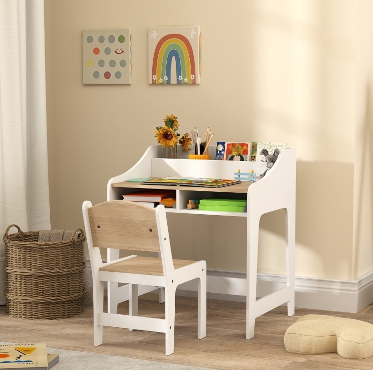 COVREO Kinderbureau met stoel 60 x 48 x 68 cm wit, hout, opbergvakken