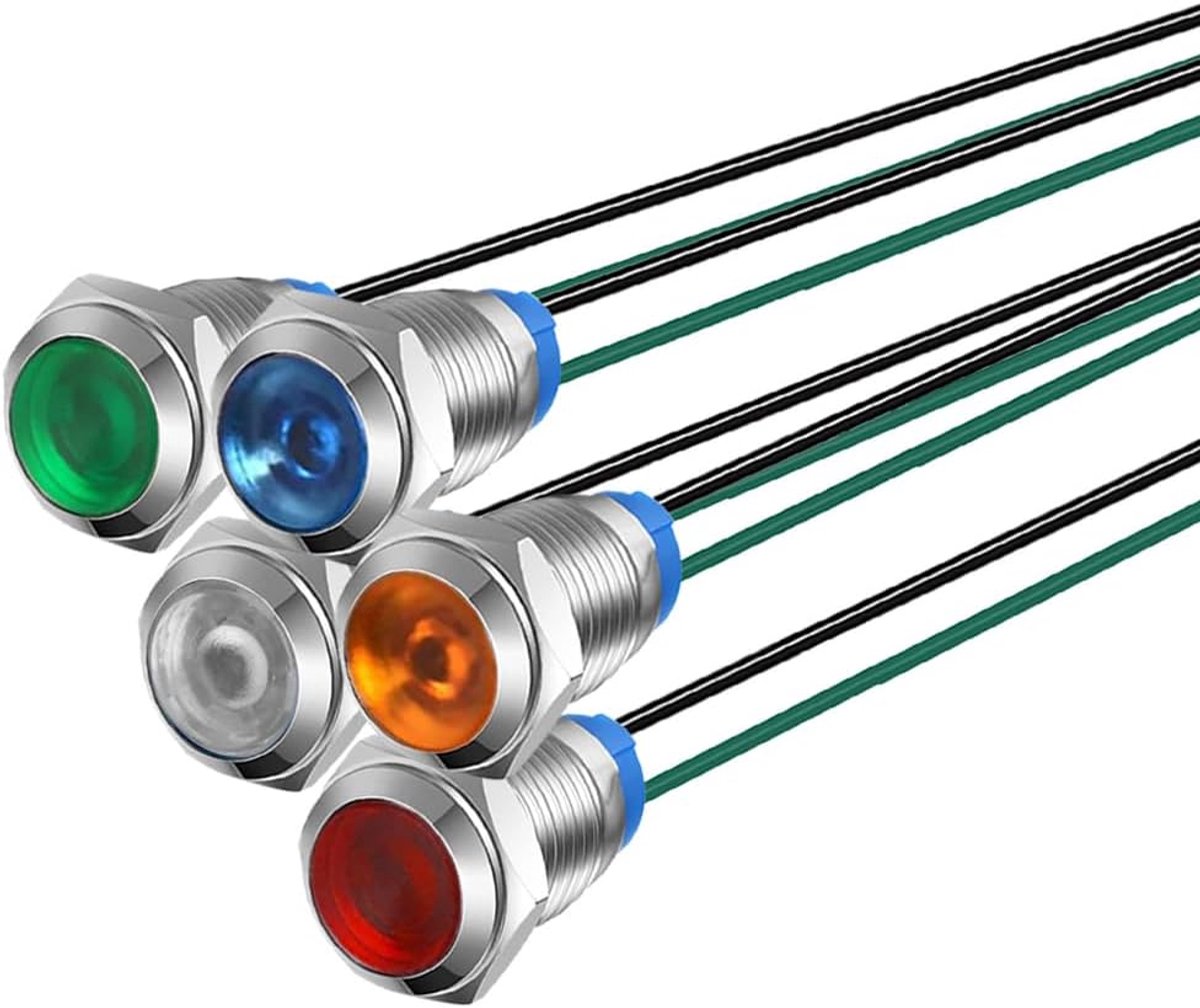 5st 10mm 3V-4,5V-5V-6V-7,5V-9VDC Metalen Signaallamp, Energiebesparend LED Indicatielampje, Waterdichte Indicator met Draad (Rood/Oranje/Blauw/Groen/Wit)