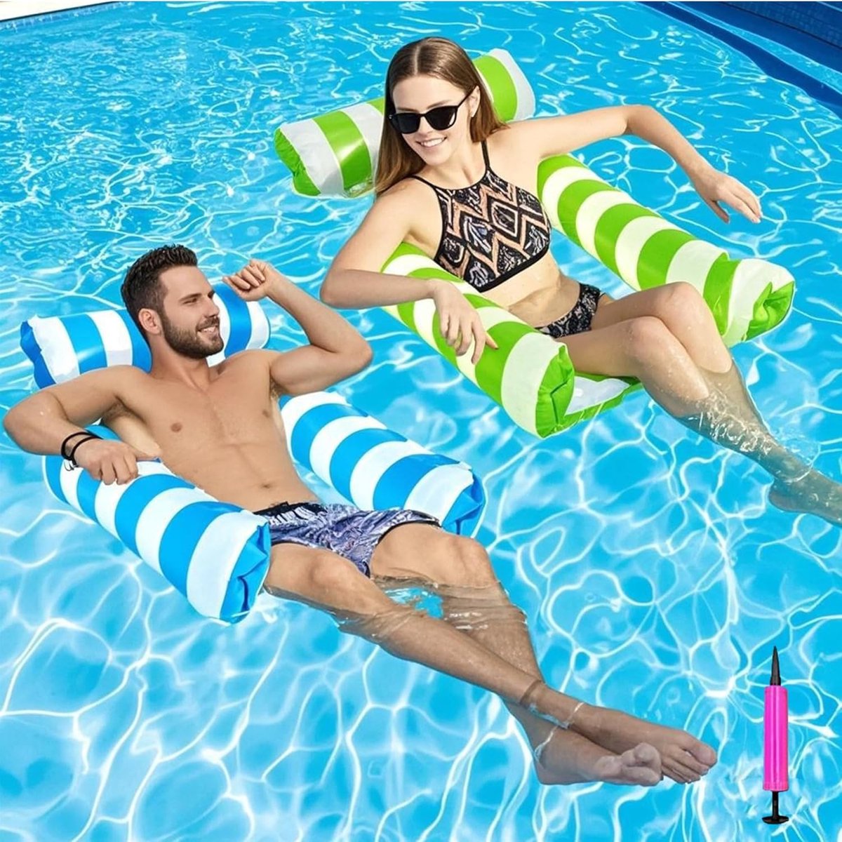 SnelShoppen - Inflatable Hammock 2 Stuks Zwemstoel voor Zwembad, Opblaasbare Stoel voor Zee, 4-in-1 Drijvende Hangmat met Luchtpomp, Perfect voor Vaka