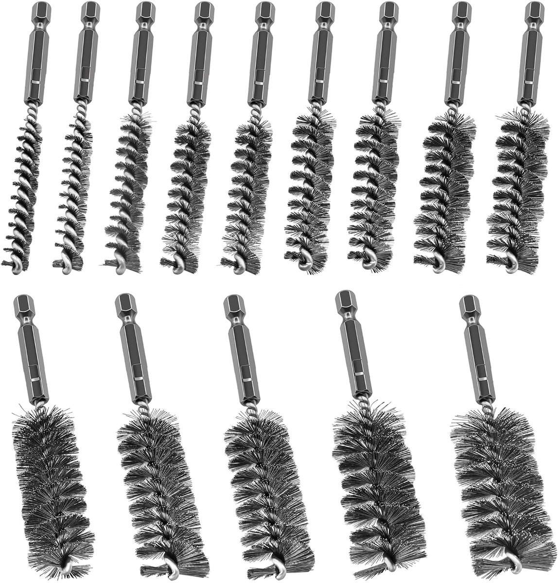 14 stuks metalen borstels voor boormachine, 8-25 mm cilinderborstel van roestvrij staal, met zeskantschacht, ketelborstel voor klopschuurmachines