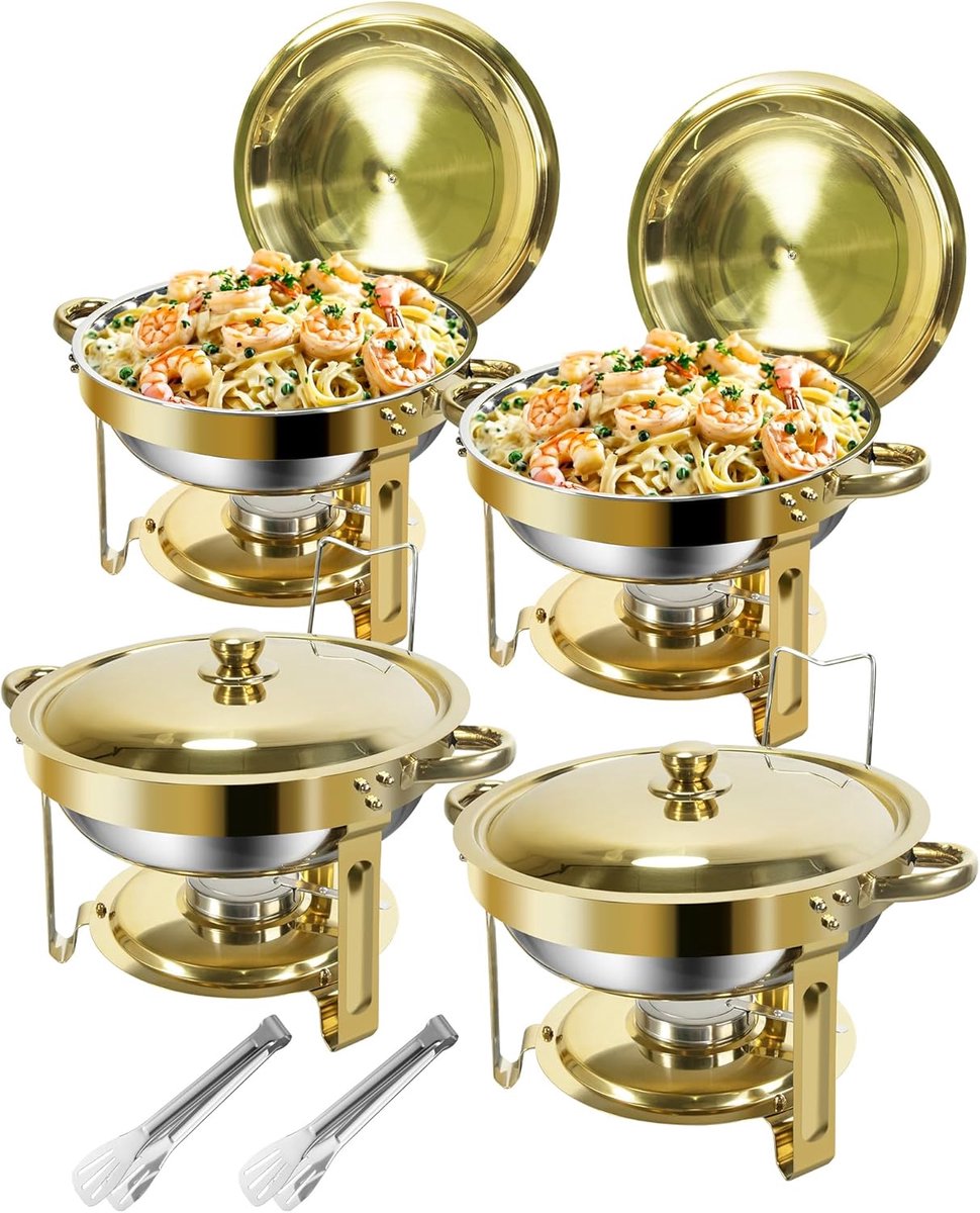 Chafing Dish Buffet Set 5L [Robuust en Eenvoudig te Monteren], 4-Pack Ronde Chafing Dishes, RVS Warmhoudbakken [Elegant Goud en Zilver], Voedselwarmer voor Catering Buffet en Elk Feest