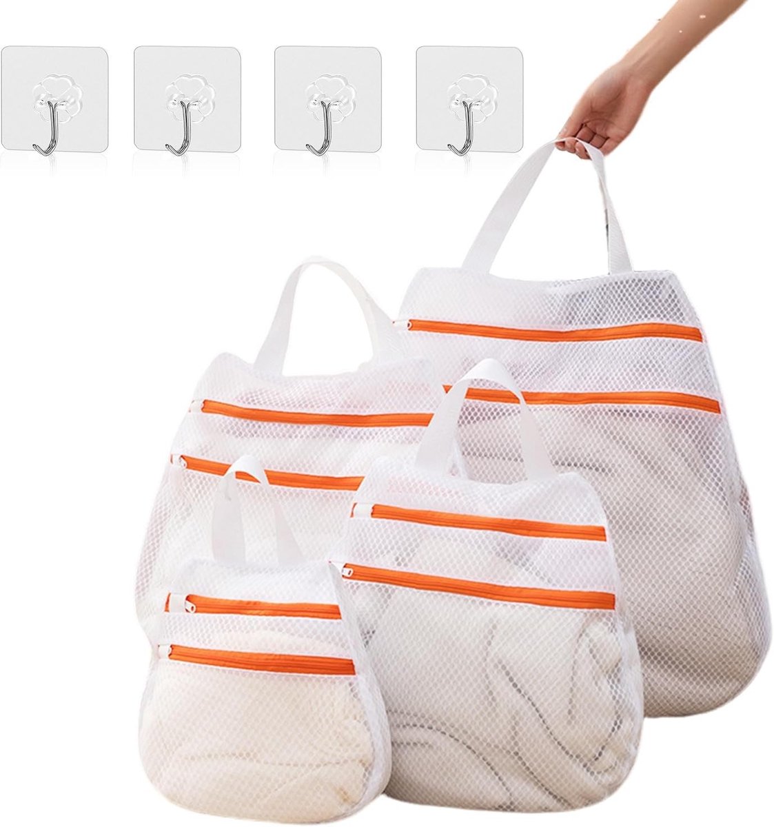 Dubbele Laag Wasnet met Rits en Handvatten - 4 Stuks, Ideaal voor Ondergoed, Handdoeken en Delicate Kledingstukken