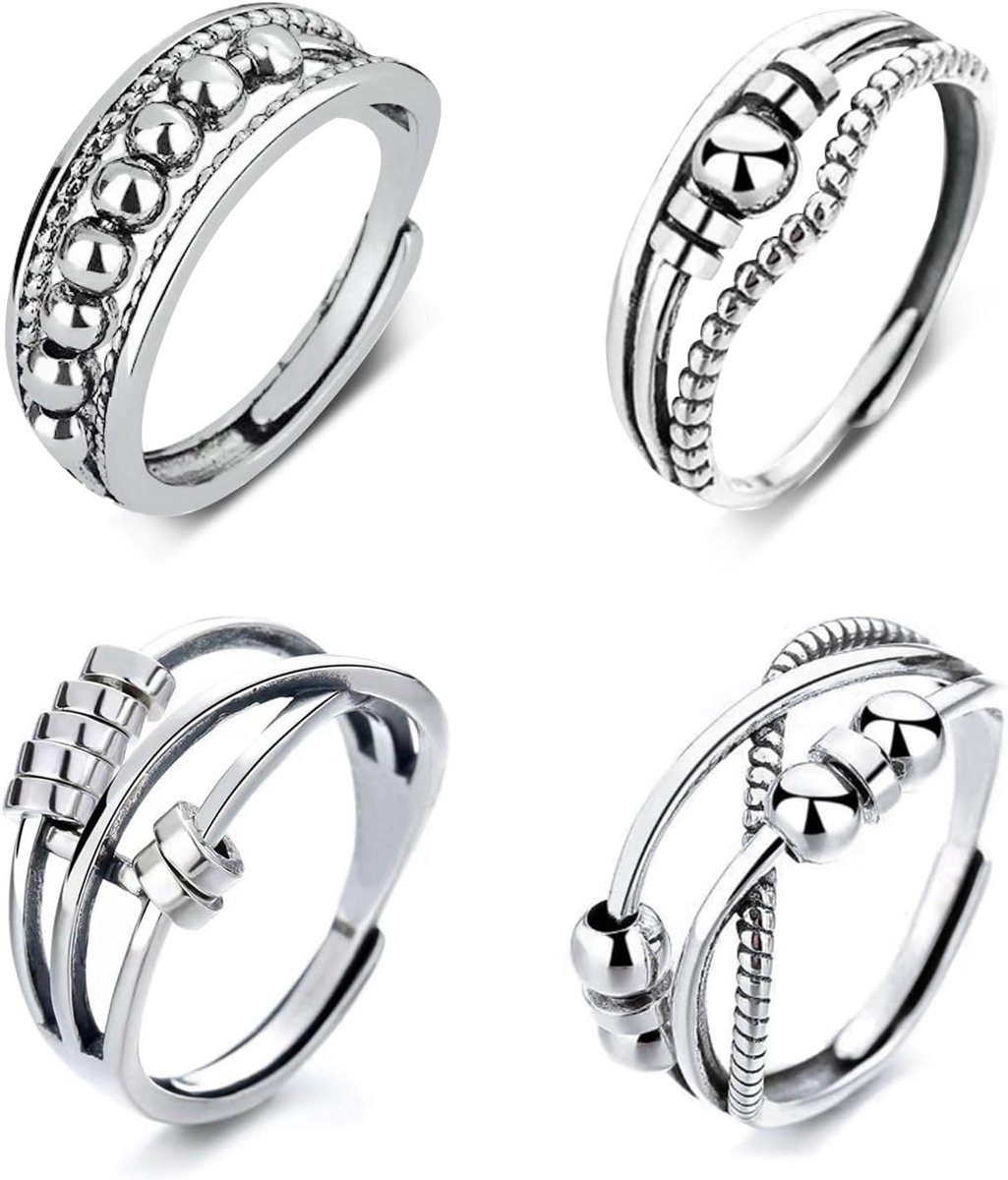 Ringen voor vrouwen, zilveren stressverminderende spinner ring met kralen, verstelbare open fidget-ring voor tienermeisjes