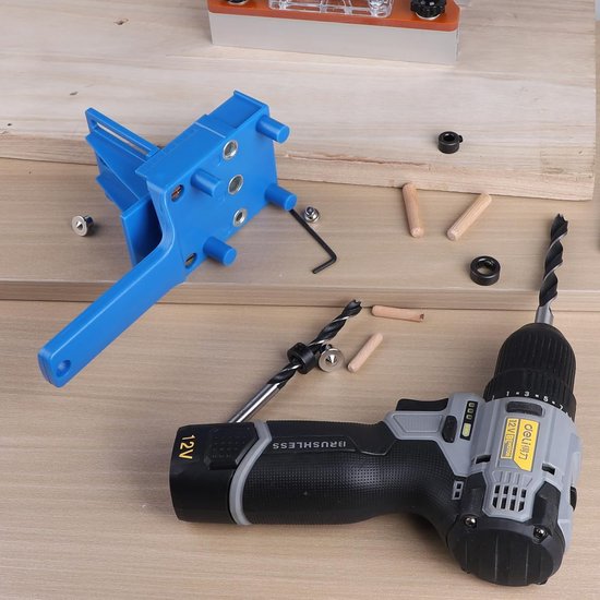 Boorsjabloon, pluggenhulp, pluggenmes, boorhulp, verticaal boren, pluggeninrichting met 6 mm, 8 mm, 10 mm, boor, houtpluggen, centreerpunt, boorgeleiding voor pluggaten, houtbewerking, blauw — afbeelding 5