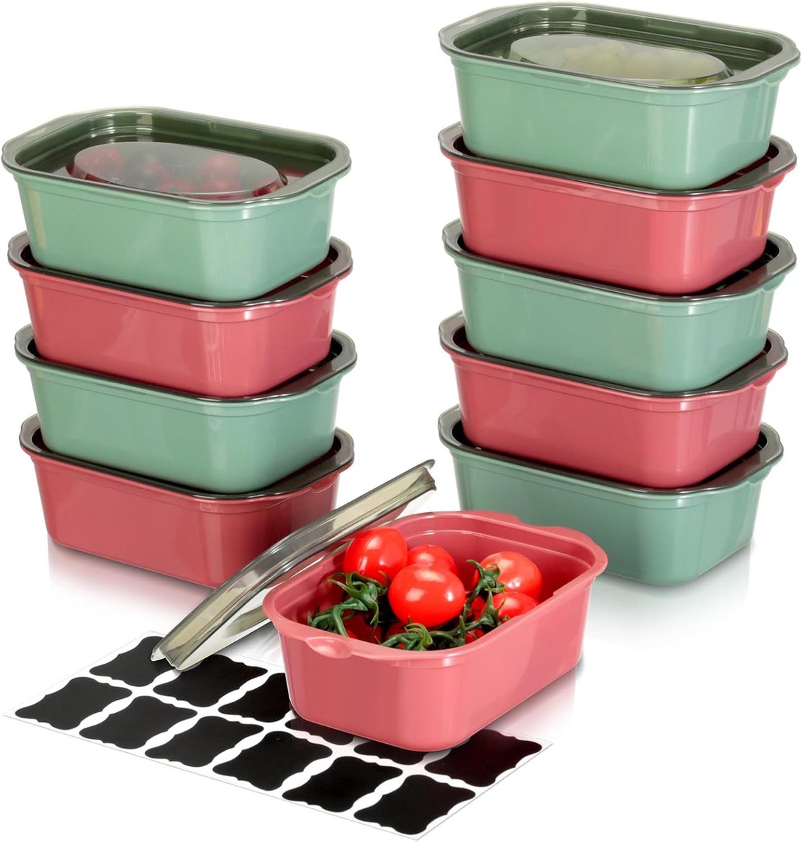 Luchtdichte voedselcontainers, 10 kunststof dozen met deksel, broodtrommel met deksel, Sans BPA, magnetron- en vaatwasmachinebestendig, 500 ml (5 groen, 5 rood)