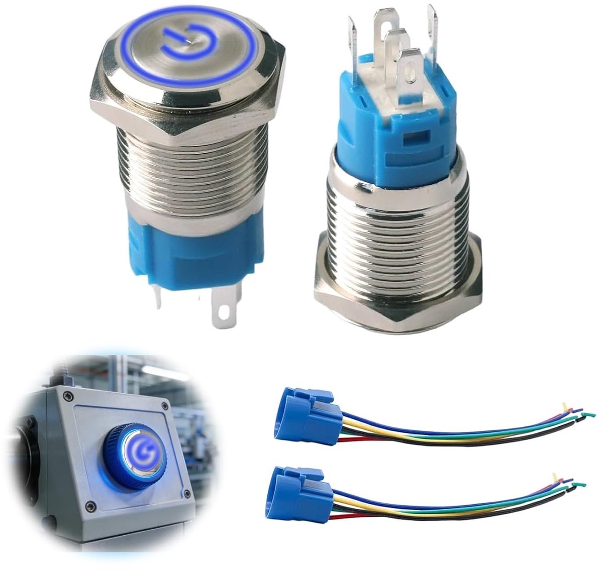 2 stuks drukknoppen 16 mm metaal met blauwe led blauw, één uit schakelaar 220 V, drukschakelaar 230 V IP65 waterdicht, inbouwschakelaar voor apparaten, machines en schakelaarbediening, drukknop met
