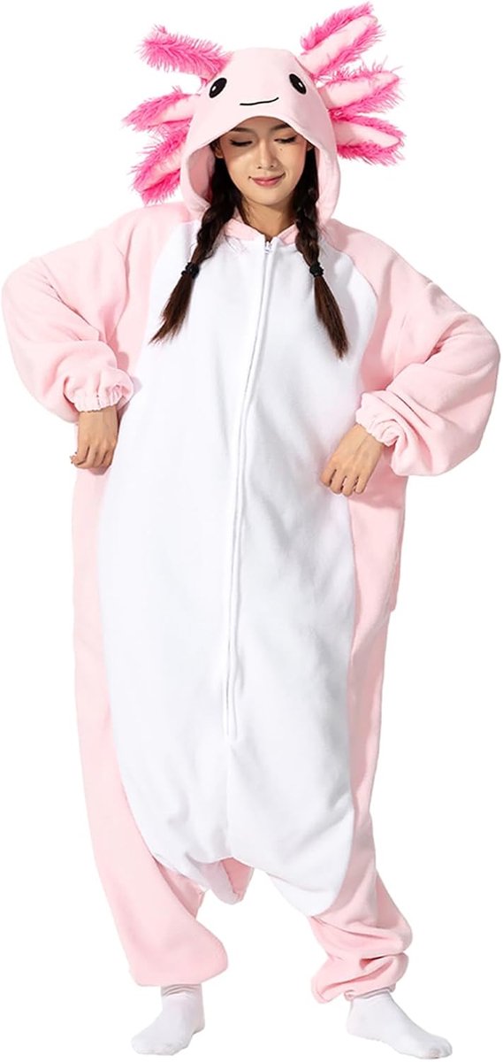 Axolotl Onesie Pyjama voor volwassenen, uniseks dierenkostuum, cosplay Halloween jumpsuit nachtkleding voor vrouwen en mannen